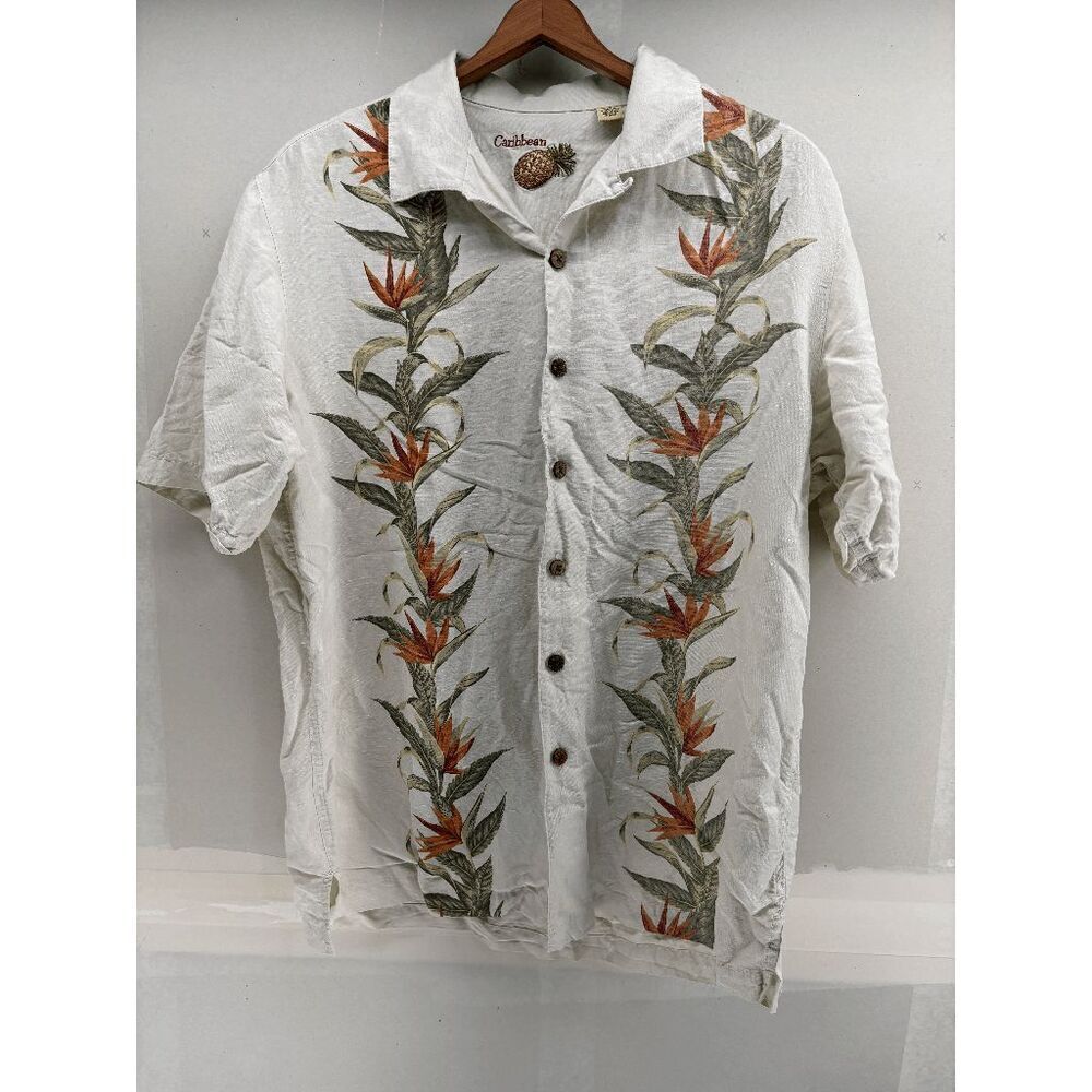 Caribbean Silk‎ Blend Size Medium White Floral Pattern Vines Rockabilly Hawaiian